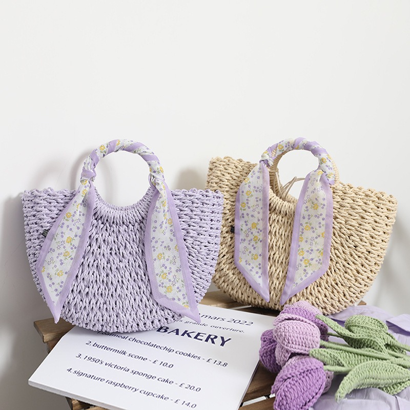 Little Fresh Purple Straw Woven Bag Temperament Small Flower Scarf Handheld Woven Bag Beach Vacation