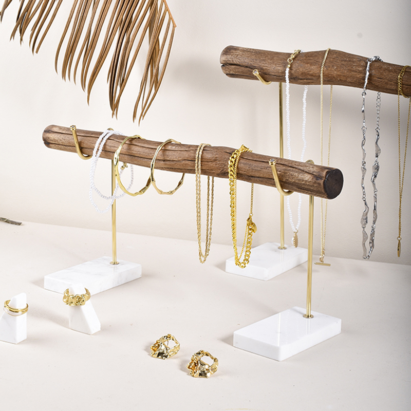 Bracelet Storage Rack Natural Wood And Brass Marble Base Necklace Display Rack