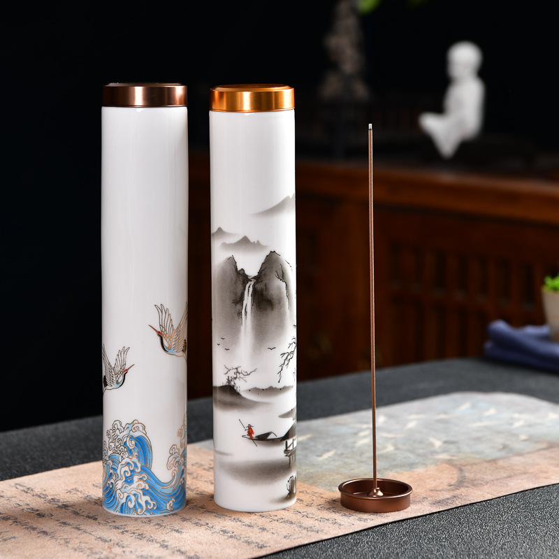 Sandalwood 100g New Ceramic Cylinder Packaging Line Incense Tube Hand-painted Decal Ceramic Incense