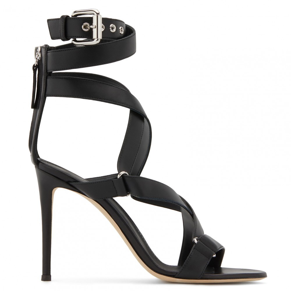 Black Pu Buckle Fish Eye Cross Strap With Back Zipper Slim High Heel Sandals For Womens Shoes In