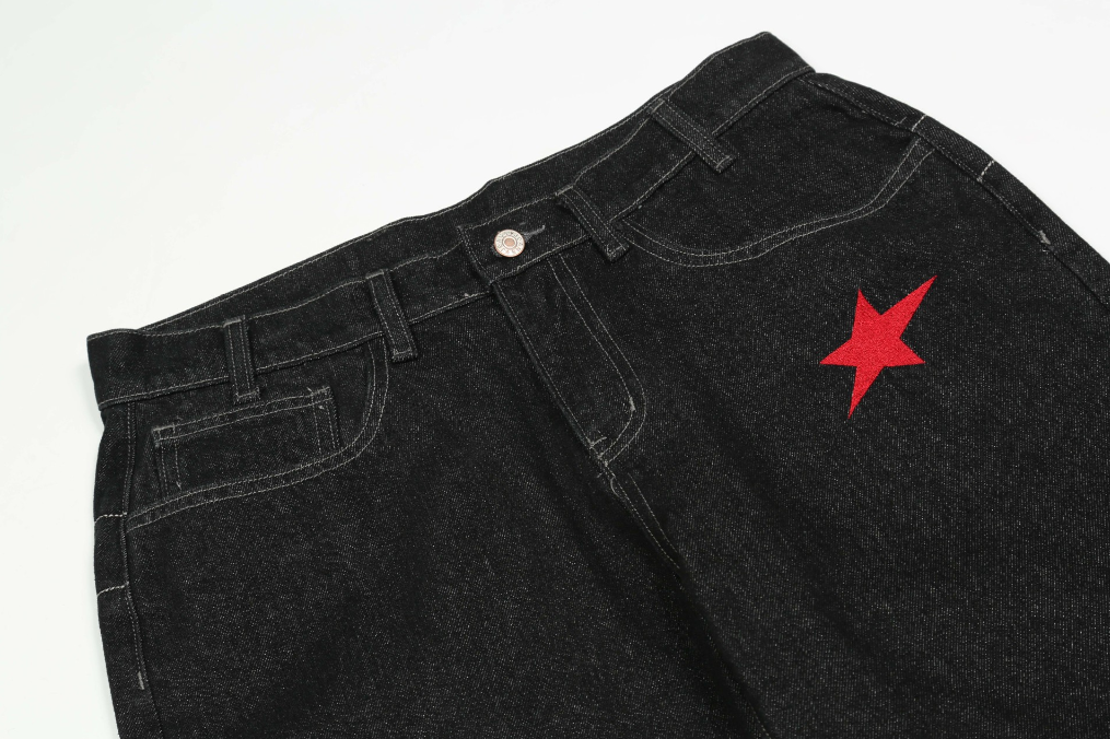 Made of old stickers star embroidery multi pocket jeans, men