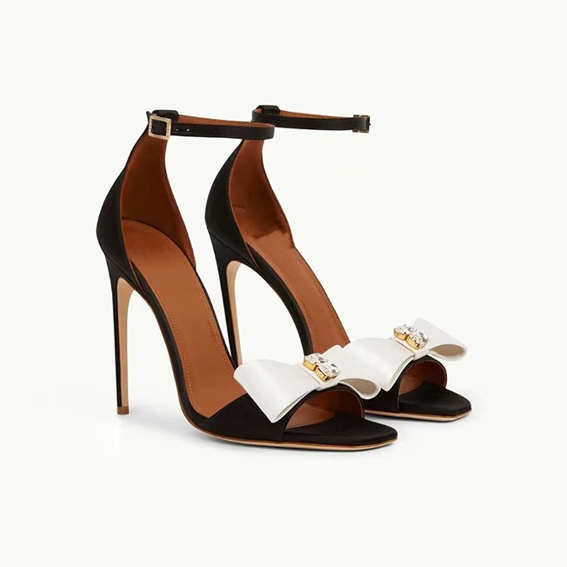 Round Toe Open Toe Slim High Heels For Womens Elegant Bow Knot Rhinestone Belt Buckle Color Matching