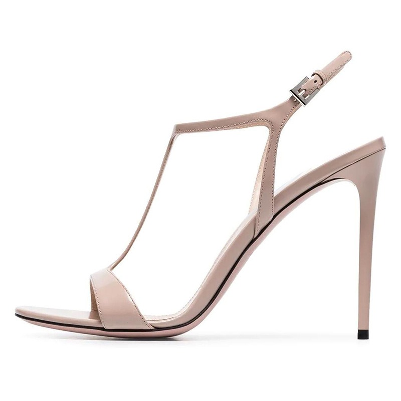 Black and White Nude T Shaped Slim High Heels With Buckle, Fashionable Large Size Sandals, Womens