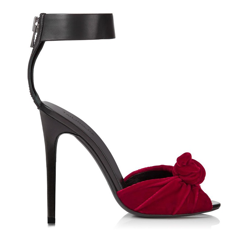 European and American Womens Red Black Velvet Knotted High Heels Sandals, Oversized Fashion Shoes