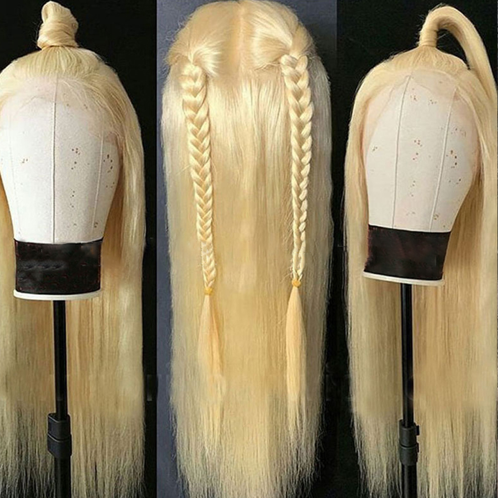 Blonde wig shown in ponytail braids and top bun
