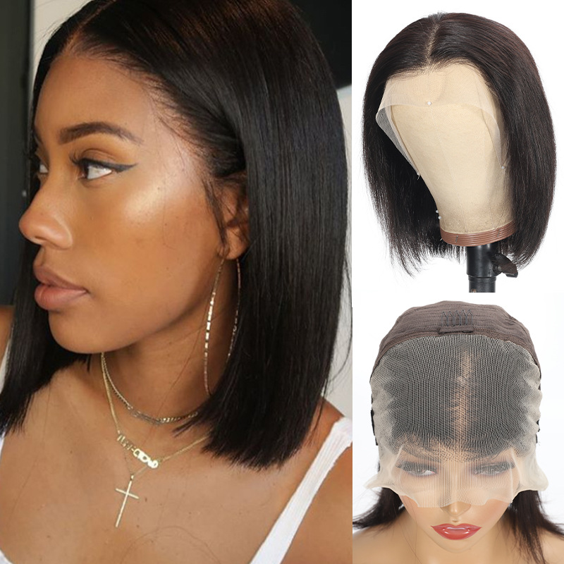 Woman wearing natural-looking straight lace front bob