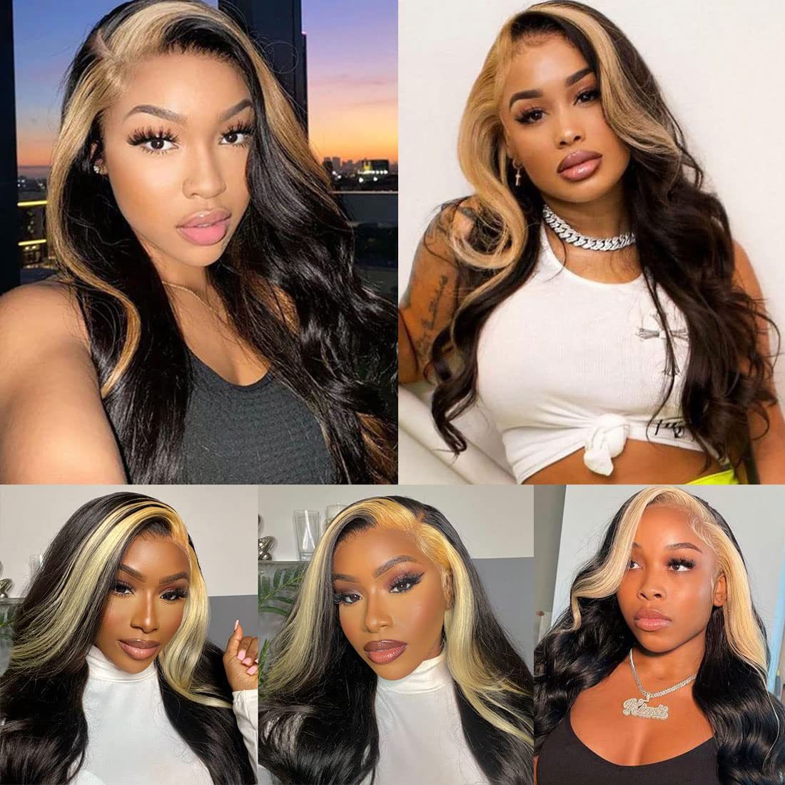 Black waves with honey-blonde face-framing highlight panels