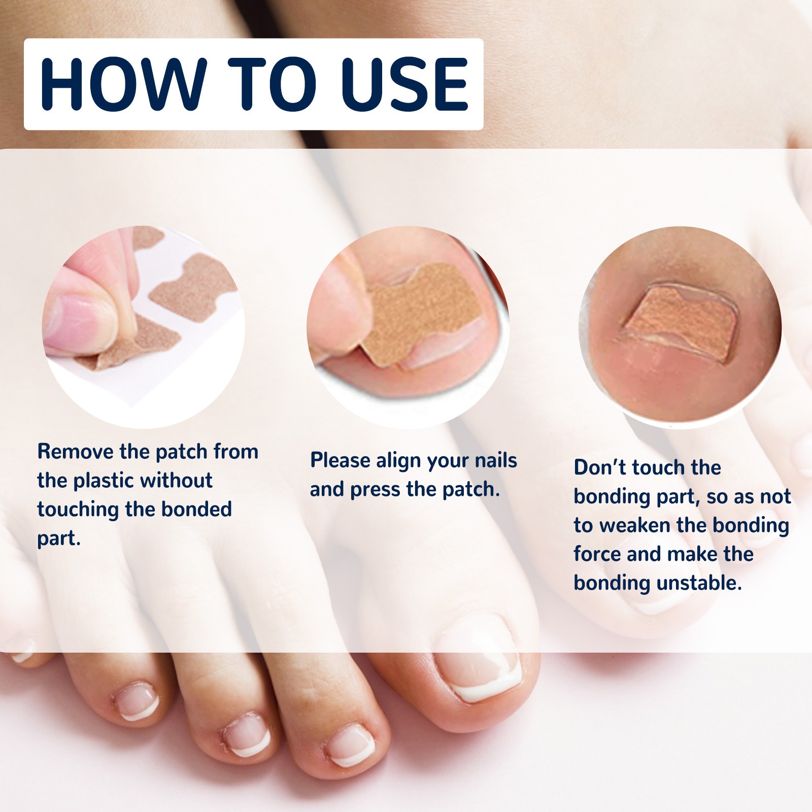 Three‑step visual guide showing how to apply patch: removing from plastic, aligning with nail, pressing in place with close‑up nail detail