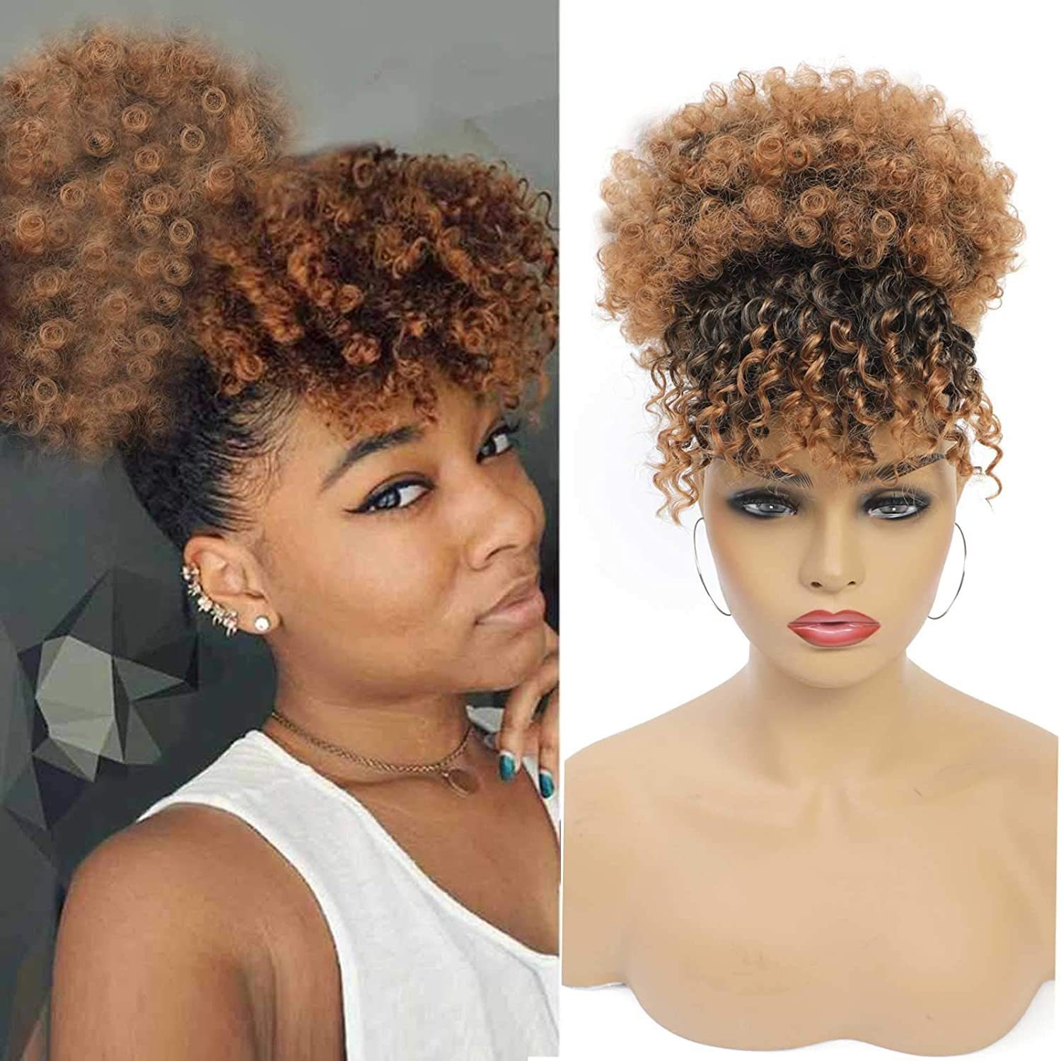 Warm chestnut curly afro hairpiece on wearer and mannequin