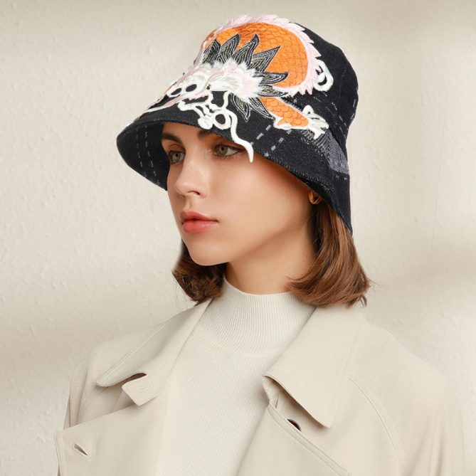 Chinese style fisherman hat female China Chic dragon cowboy bucket hat national style embroidery