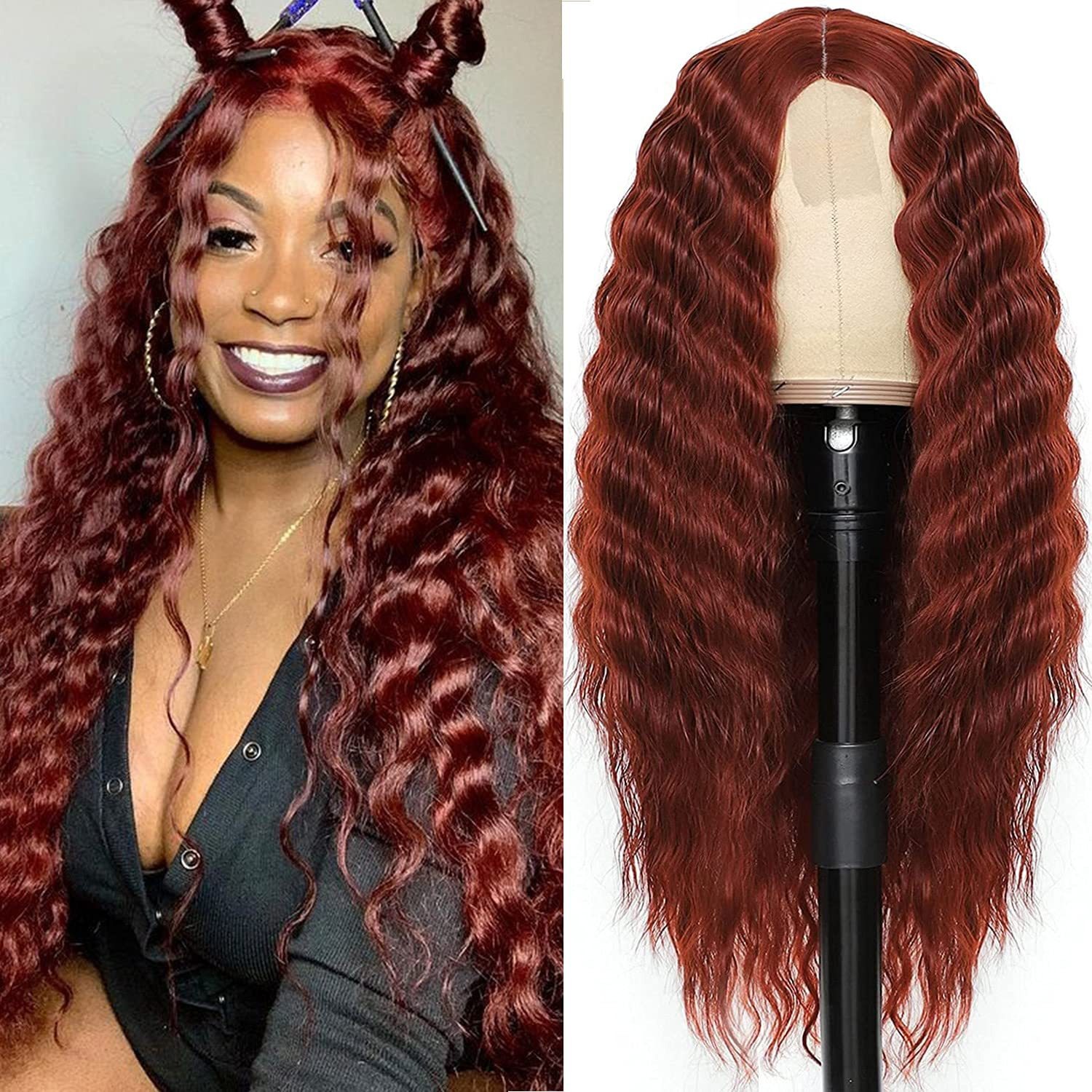 Burgundy wig showing glossy deep-wave texture and full body