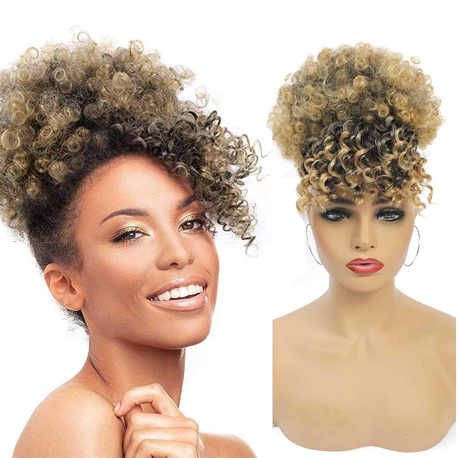 Honey blonde wig showing defined compact spiral curls