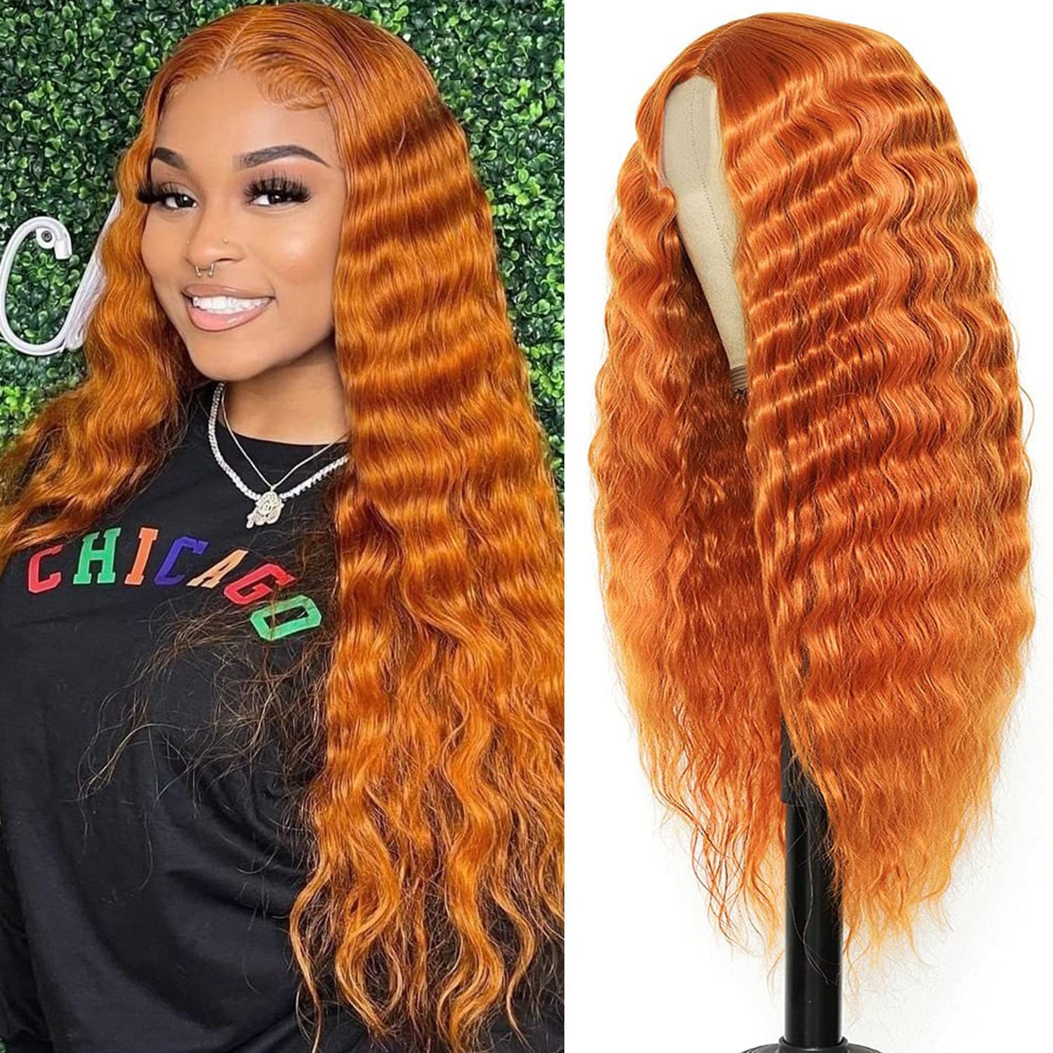 Vibrant copper wig showing dimensional color and glossy waves