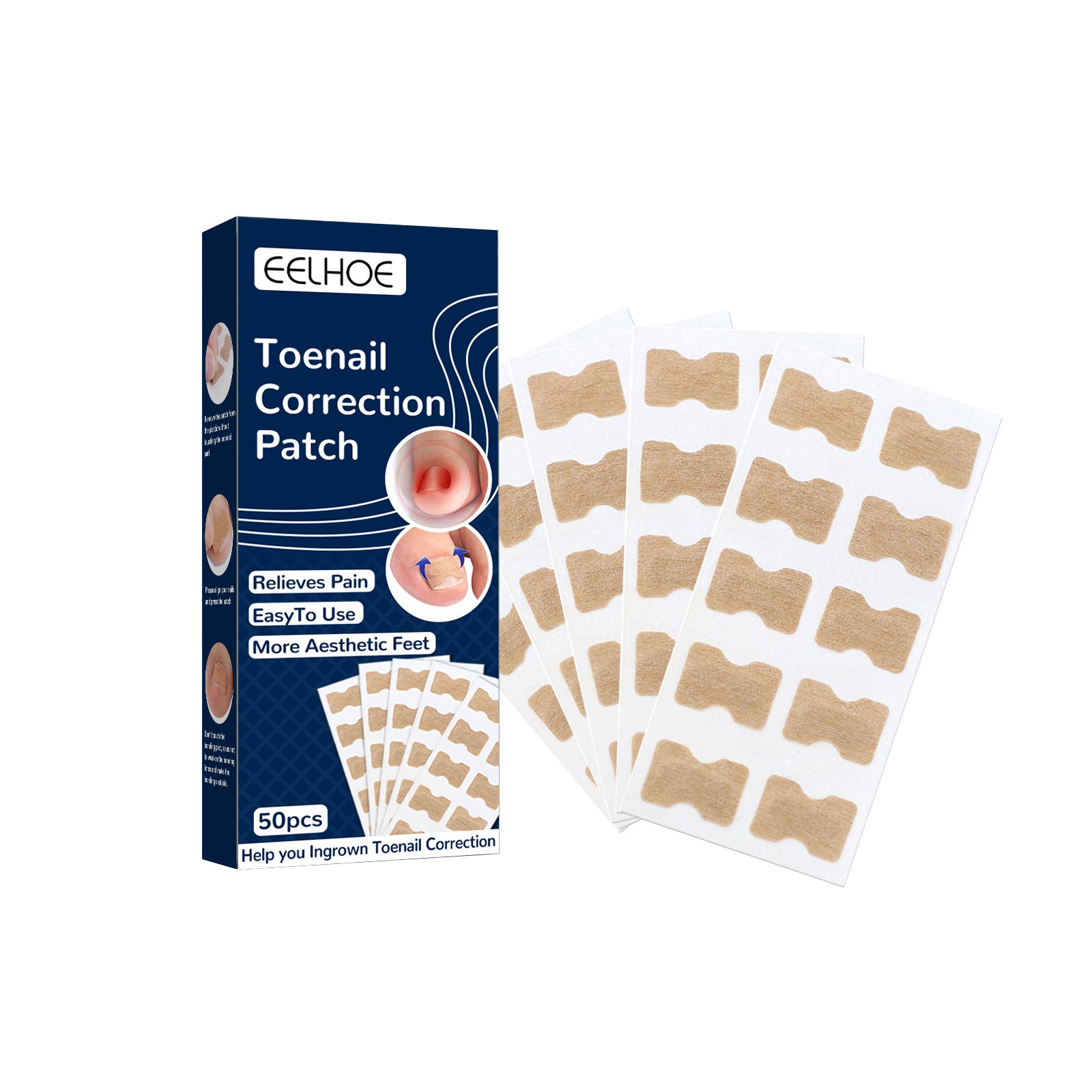 EELHOE Toenail Correction Patch box showing 50 pre‑sized fabric adhesive patches in organized sheets