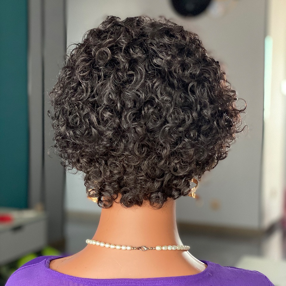 Back view showing consistent glossy black pixie curls