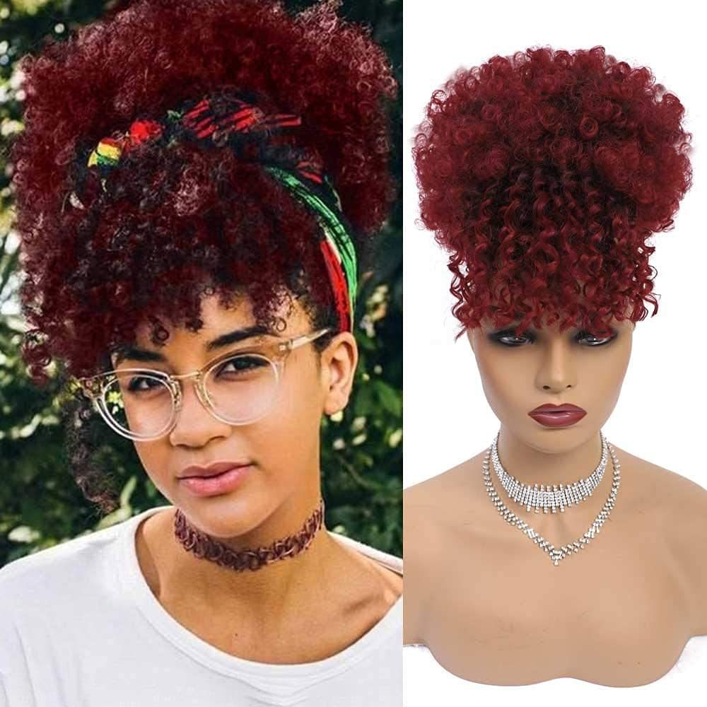 Burgundy curly bangs framing face with headband