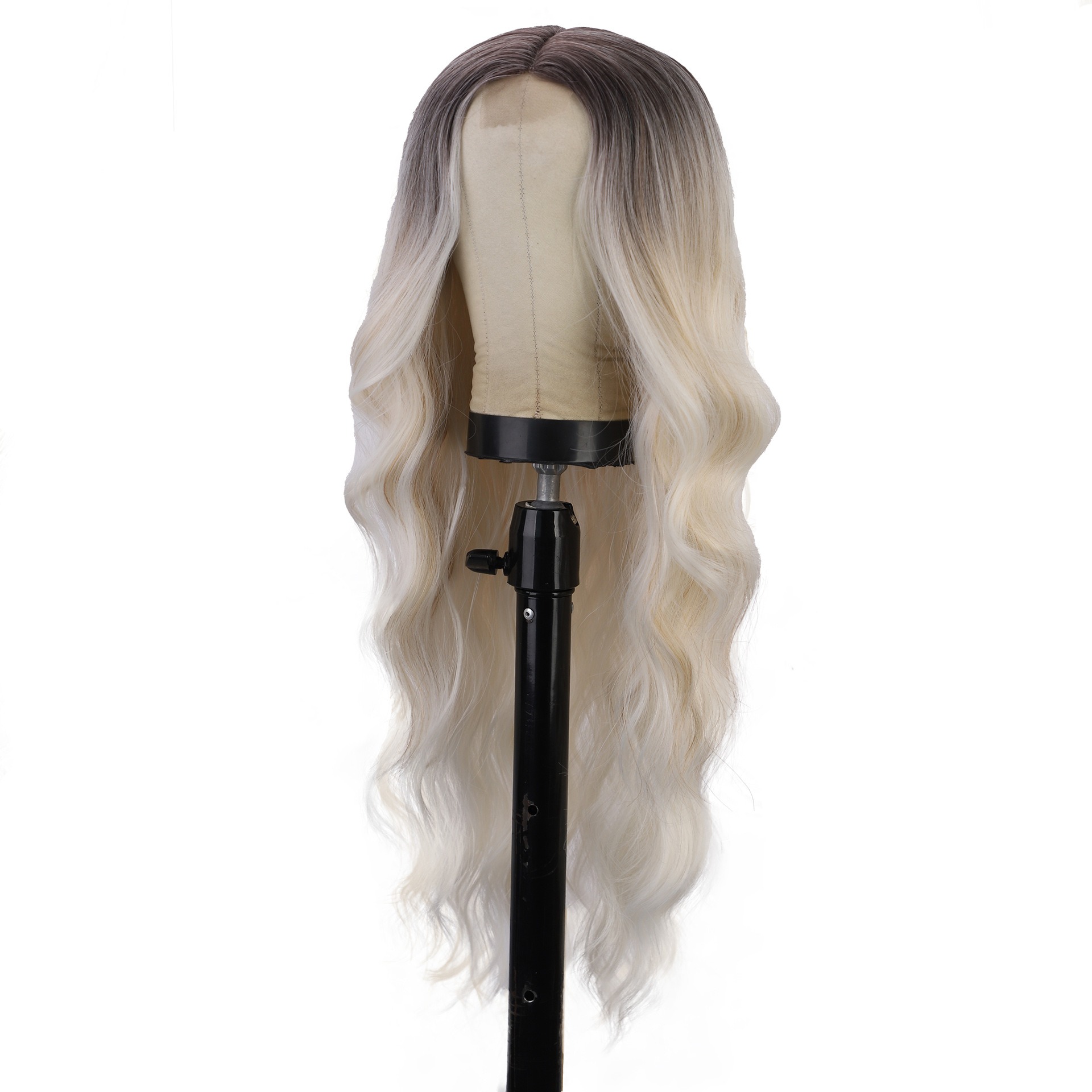 Angled view of layered blonde ombré wig waves