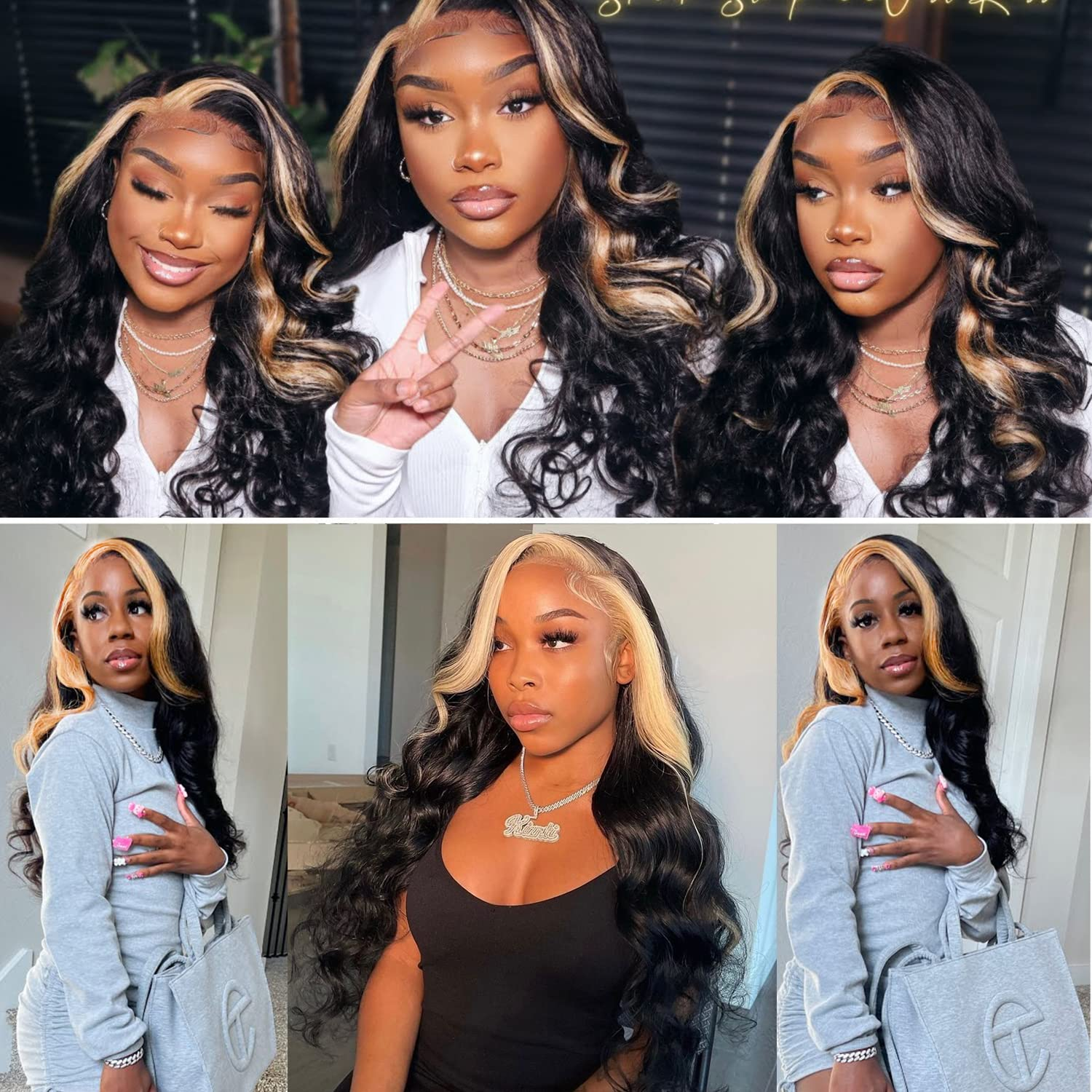 Three women wearing long voluminous highlighted curly waves