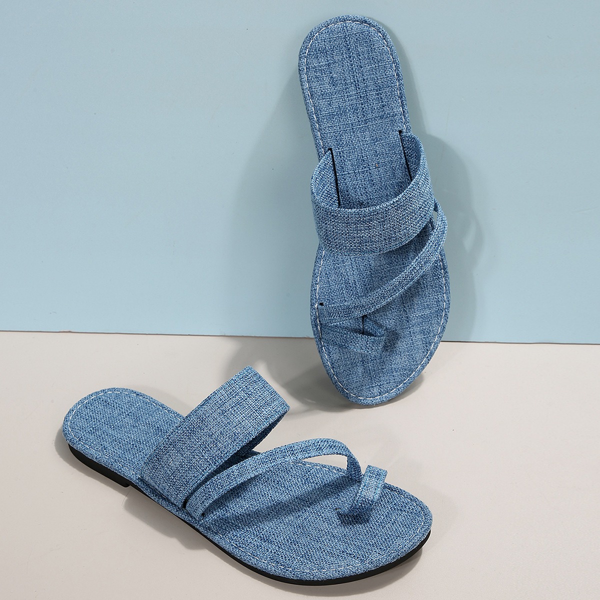 Denim Flat Bottom Slippers Women's Summer Solid Color Round Head Pullover Toe Outwear Casual Slippers image 7