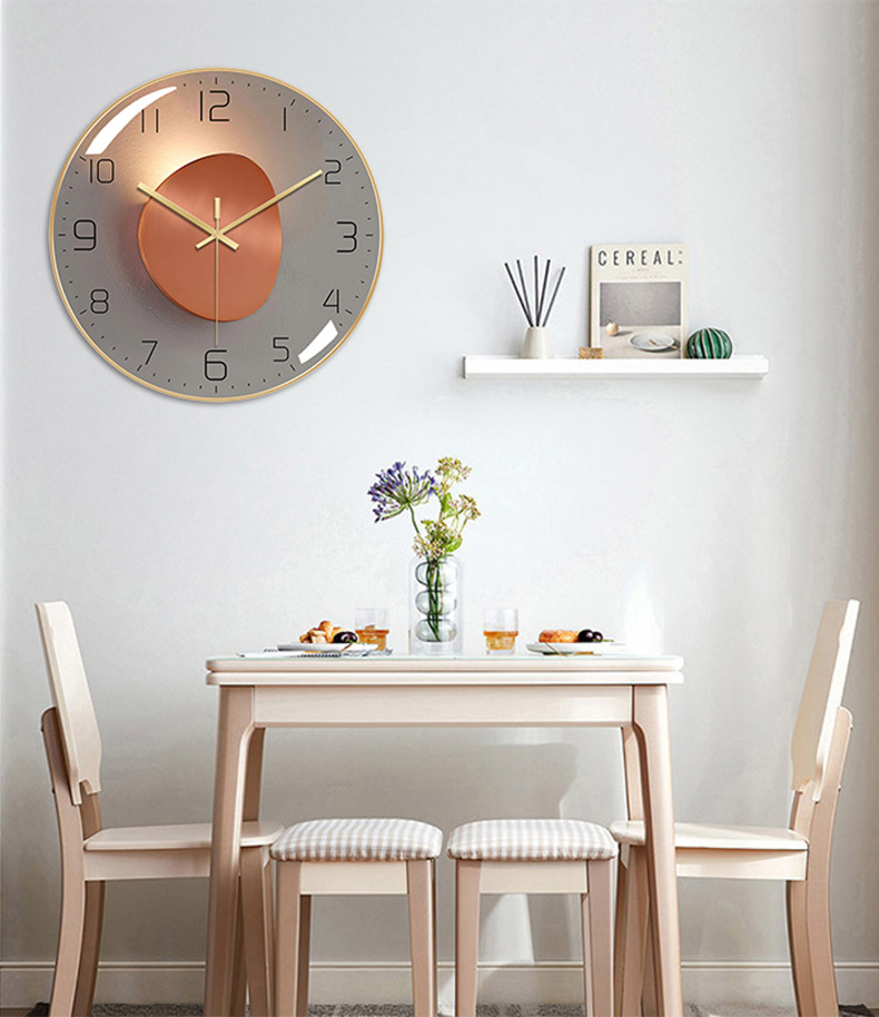 Dining area with silent wall clock.