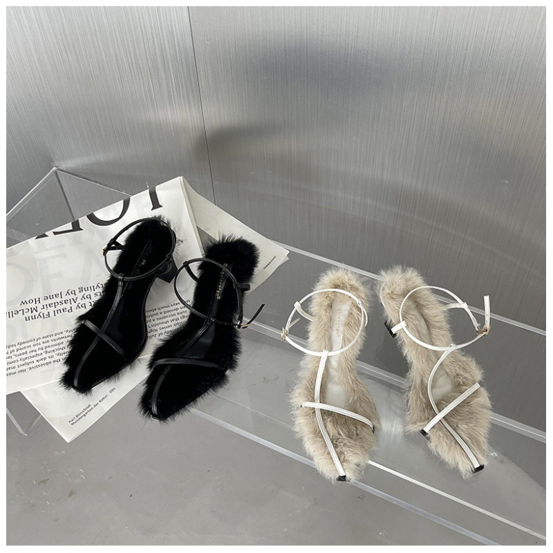 Brand Plush Fur Fuzzy Sandals Women Square Heels Pointed Toe Ankle Buckle Strap Slides Shoes