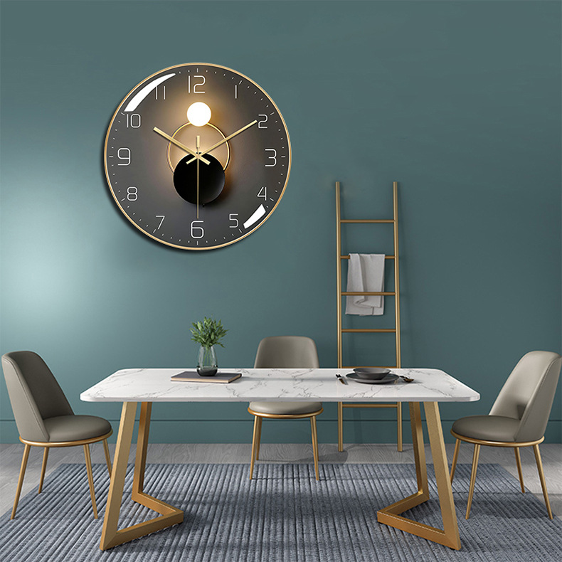 Modern dining room, quiet wall clock.