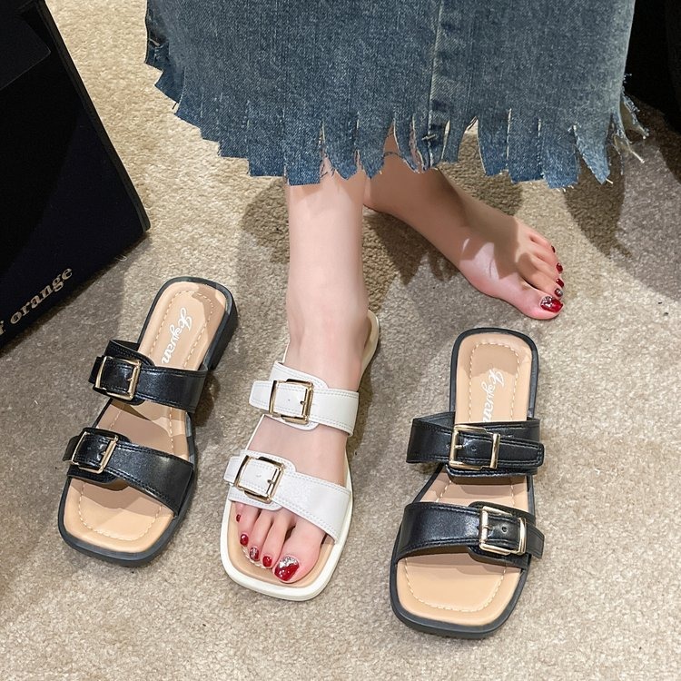 Spring and Summer Style One Step Push Button Square Head Soft Sole Comfortable Beach Square Heel Women's Slippers