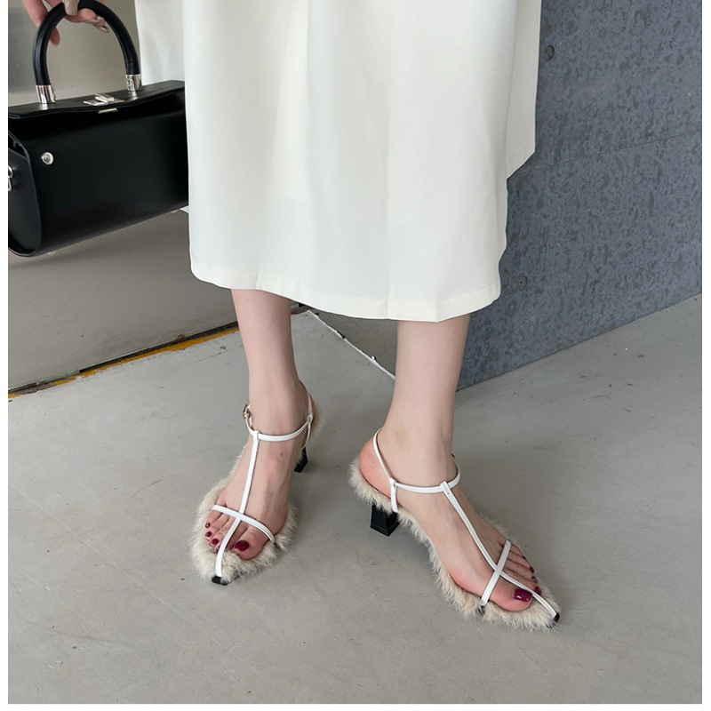 Brand Plush Fur Fuzzy Sandals Women Square Heels Pointed Toe Ankle Buckle Strap Slides Shoes