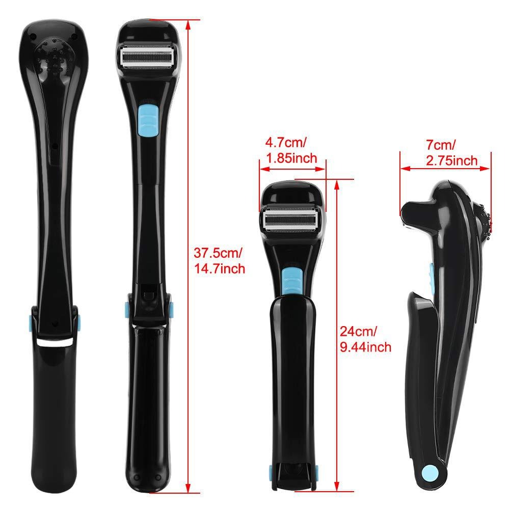Black back shaver folded flat beside profile views