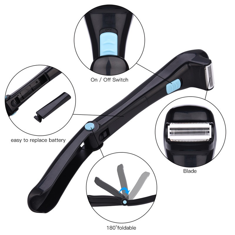 Back shaver controls foil head and battery compartment