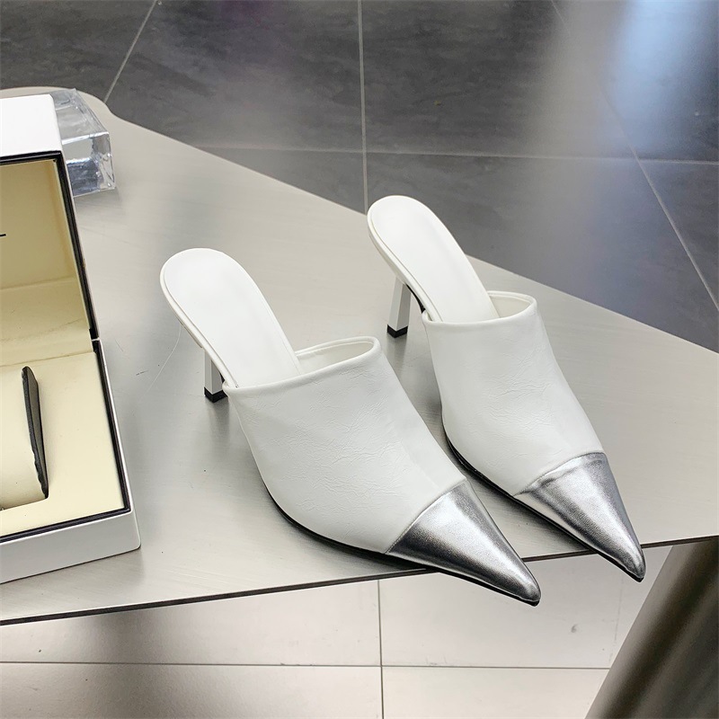 Silver Women Slippers Thin Low Heels Pointed Toe Design Slip On Summer Mules Slides Shoes image 5