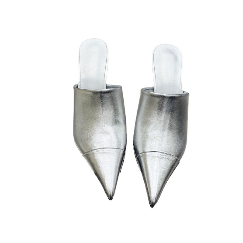 Silver Women Slippers Thin Low Heels Pointed Toe Design Slip On Summer Mules Slides Shoes image 4