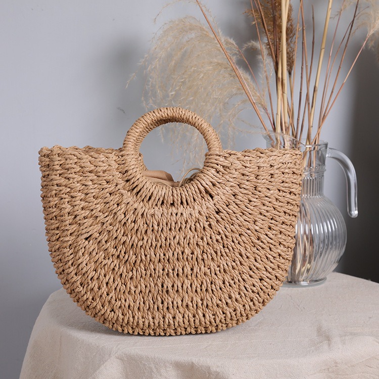 Women handmade round woven straw beach tote bags summer rattan handbag ...