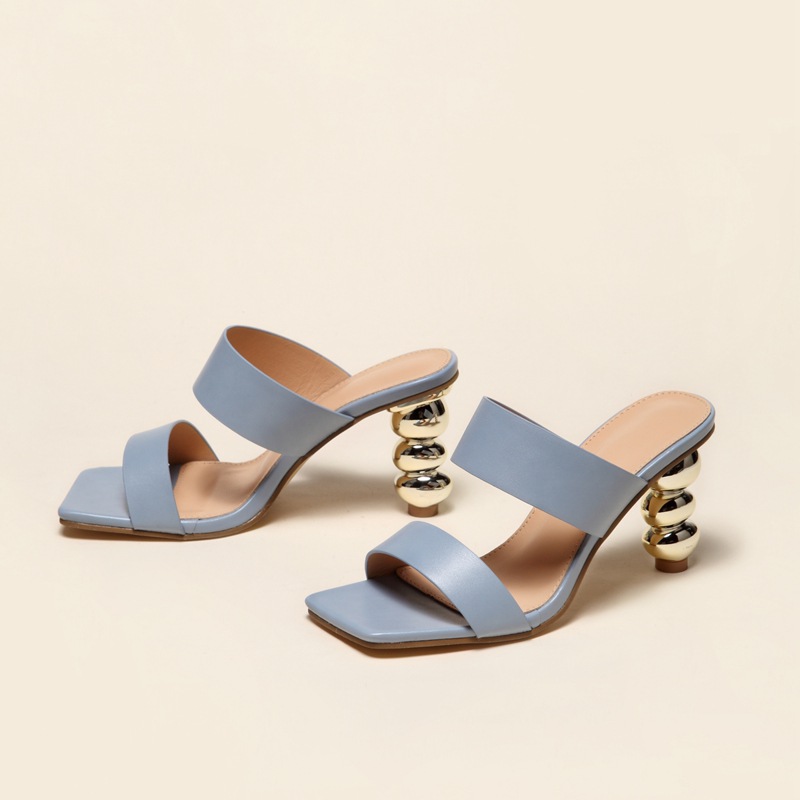 Design Metal Strange High Heels Summer Women Slipper Elegant Square Toe Slip-On Sliders Shoes Ladies Sandals Size 42