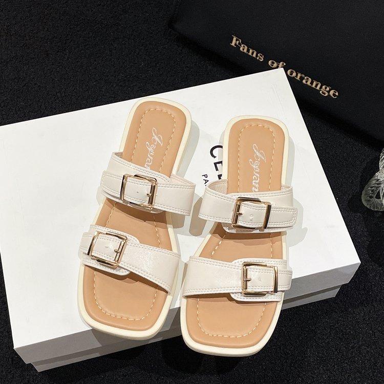 Spring and Summer Style One Step Push Button Square Head Soft Sole Comfortable Beach Square Heel Women's Slippers image 3