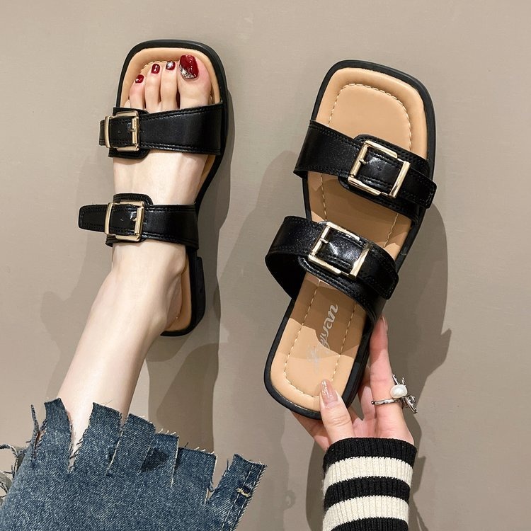 Spring and Summer Style One Step Push Button Square Head Soft Sole Comfortable Beach Square Heel Women's Slippers
