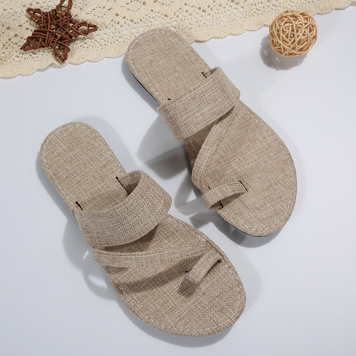 Denim Flat Bottom Slippers Women's Summer Solid Color Round Head Pullover Toe Outwear Casual Slippers image 3