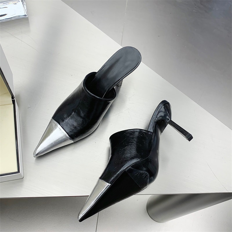 Silver Women Slippers Thin Low Heels Pointed Toe Design Slip On Summer Mules Slides Shoes