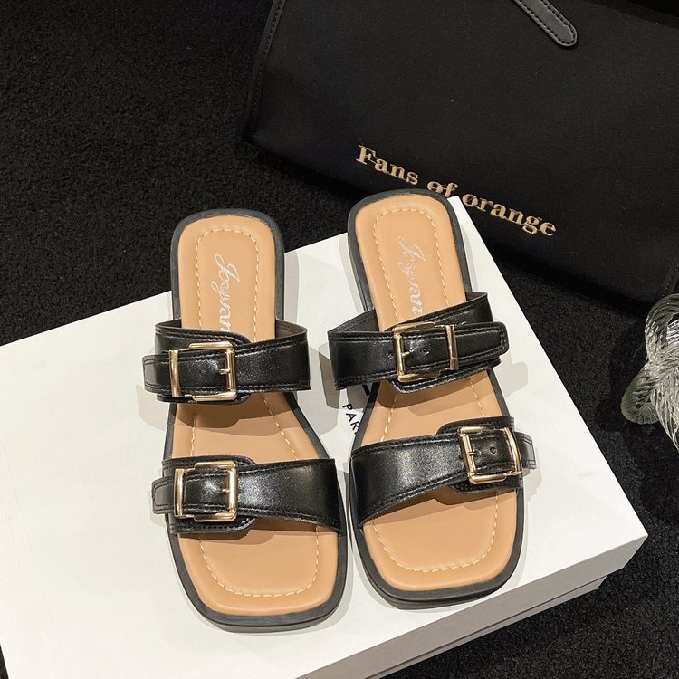 Spring and Summer Style One Step Push Button Square Head Soft Sole Comfortable Beach Square Heel Women's Slippers image 4
