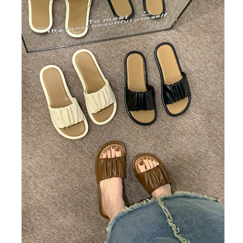Slippers Women's Summer Network Red Candy Personalized Pleated Flat Bottom Versatile Outerwear Soft Sole Slippers