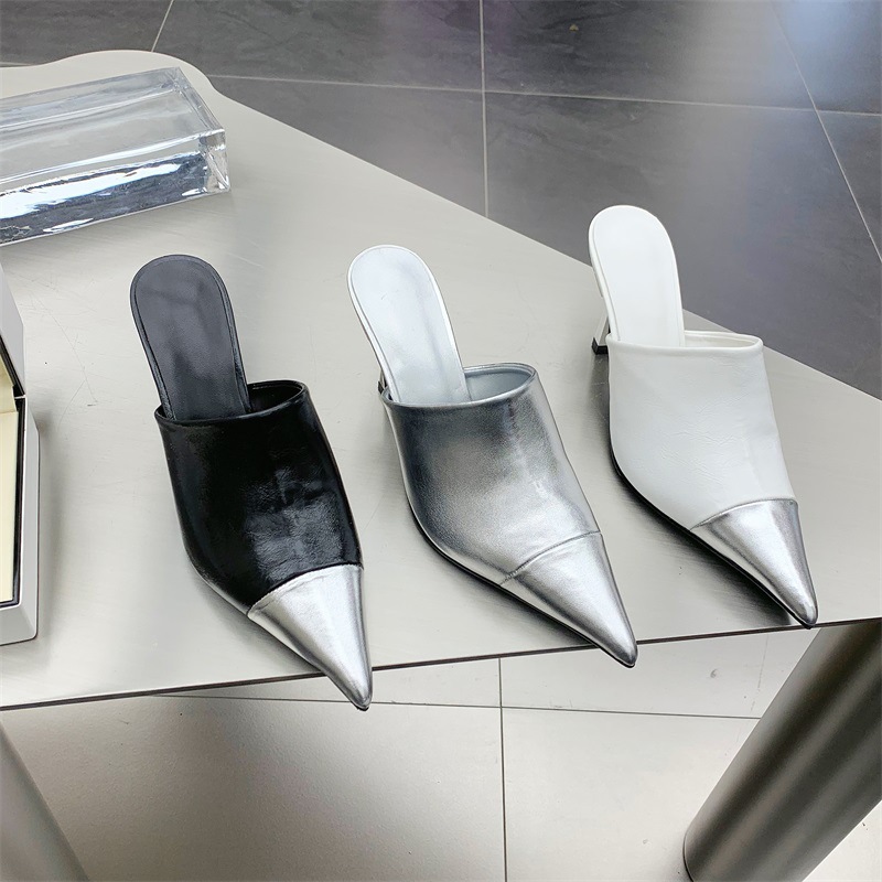 Silver Women Slippers Thin Low Heels Pointed Toe Design Slip On Summer Mules Slides Shoes image 3