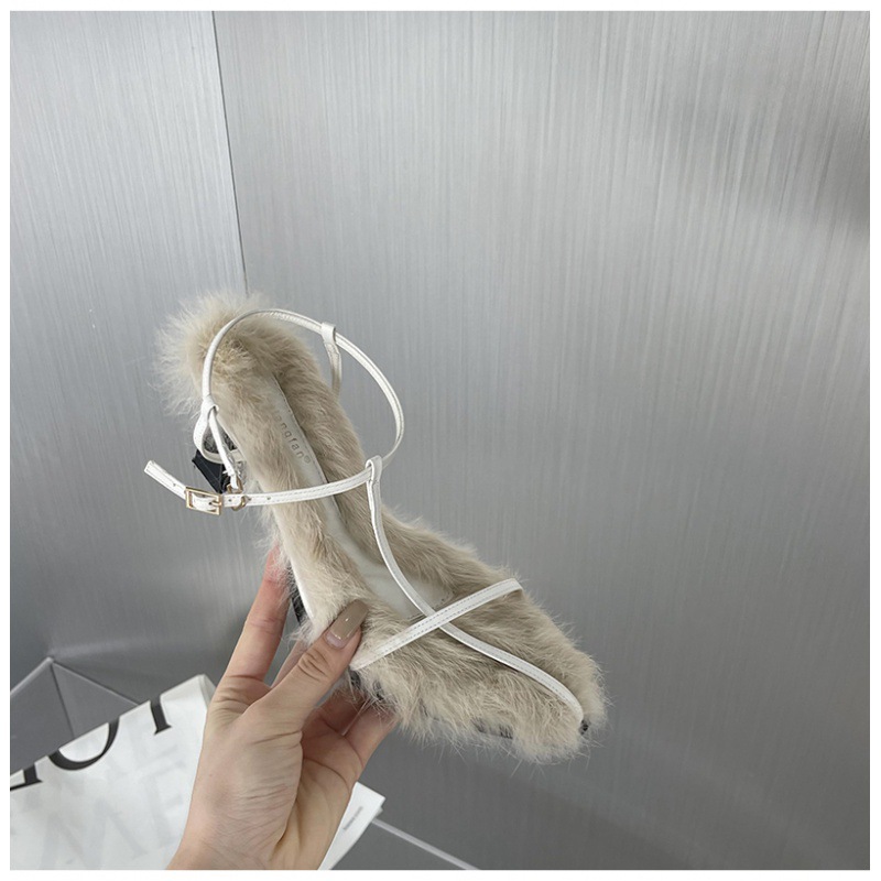 Brand Plush Fur Fuzzy Sandals Women Square Heels Pointed Toe Ankle Buckle Strap Slides Shoes image 4
