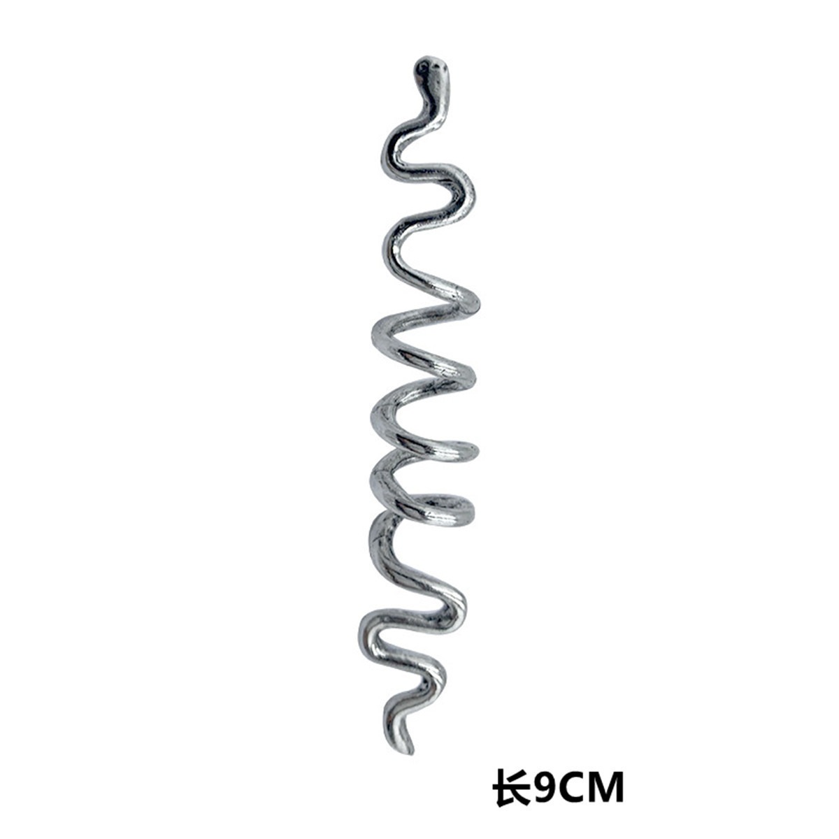 Silver elongated spiral hairpin showing extended form