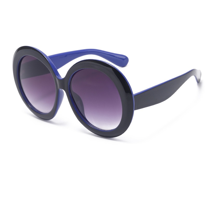 Blue and black circular sunglasses with purple gradient lenses