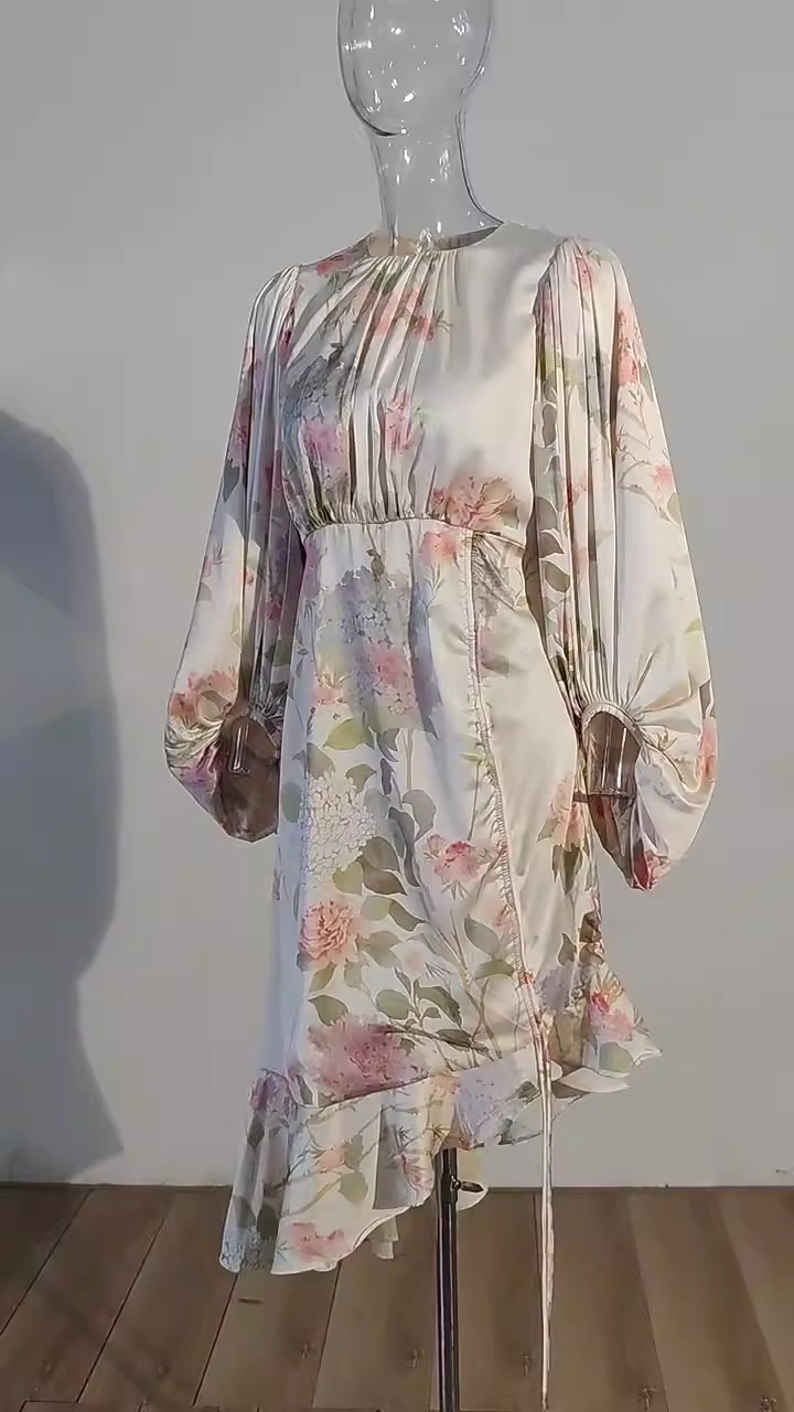 French elegant print satin irregular drawstring design models vintage lantern sleeve ruffle dress