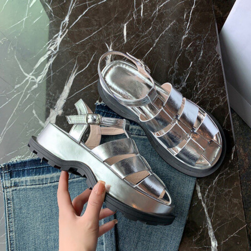 Cow Leather Round Toe Summer Punk Design Med Heels Platform Hollow Decoration Model Runway Show