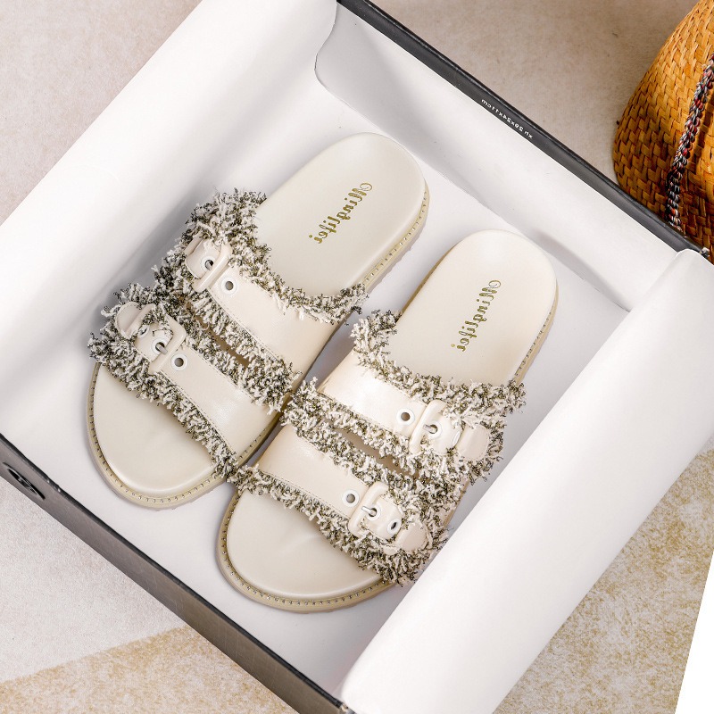 double buckle belt slippers women leather cloth patchwork platform sandals female fringe band flip