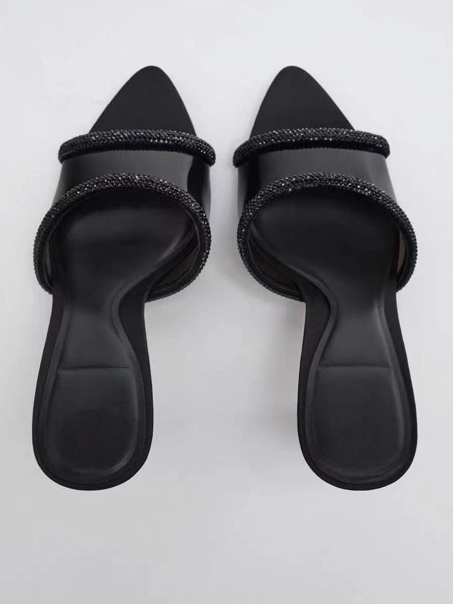 Women's Mules Sandals Rhinestone Black Slingback Heel Sandals Ladies Heeled