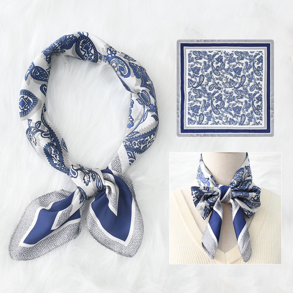 Blue white scarf shown in several styling positions