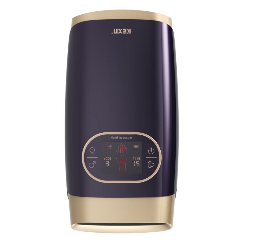 Vertical front view of the massager with gold-rimmed control panel and soft-touch finish